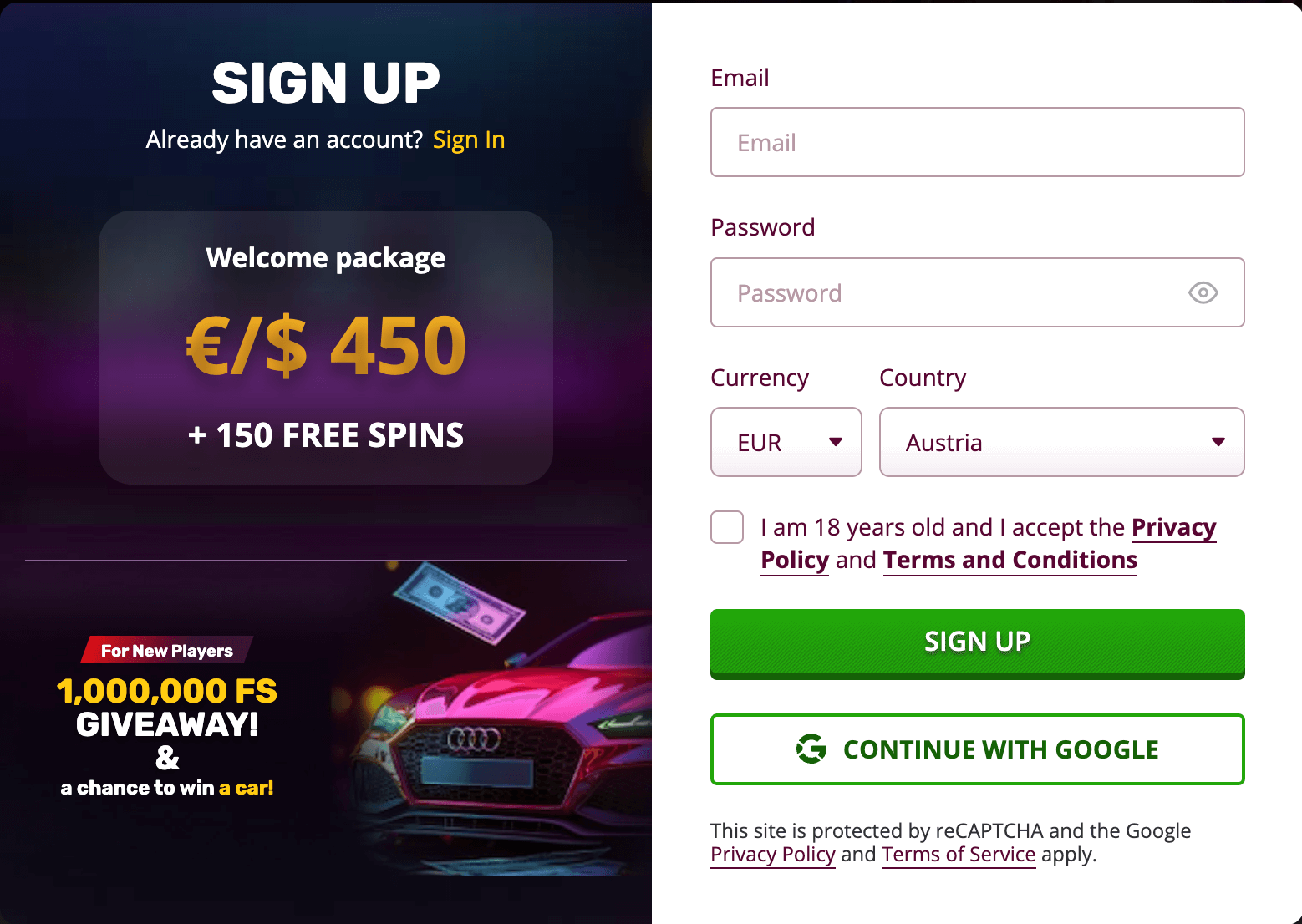 Registration at Playamo casino
